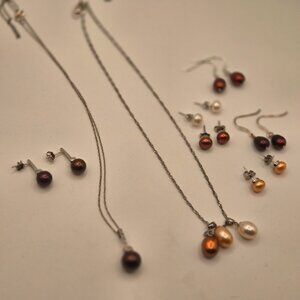 Lot of Sterling Silver Freshwater Genuine Pearl Earrings Necklaces Multi Color
